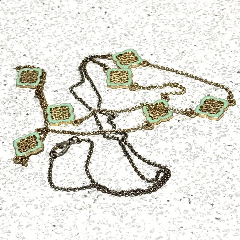 Fine Gold Station Chain Necklace w/ Mint Green Sections Single Strand Fashion